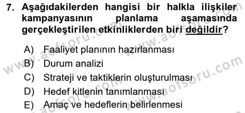 Halkla İlişkiler Kampanya Analizi Dersi 2023 - 2024 Yılı (Final) Dönem Sonu Sınav Soruları 7. Soru