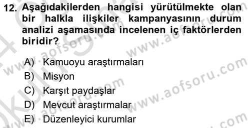 Halkla İlişkiler Kampanya Analizi Dersi 2023 - 2024 Yılı Yaz Okulu Sınav Soruları 12. Soru