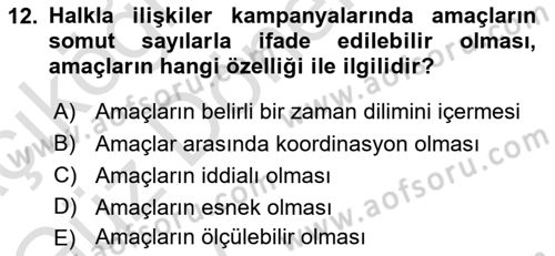 Halkla İlişkiler Kampanya Analizi Dersi Ara Sınavı Deneme Sınav Soruları 12. Soru