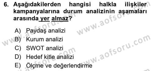 Halkla İlişkiler Kampanya Analizi Dersi Ara Sınavı Deneme Sınav Soruları 6. Soru