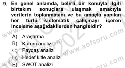 Halkla İlişkiler Kampanya Analizi Dersi Ara Sınavı Deneme Sınav Soruları 9. Soru