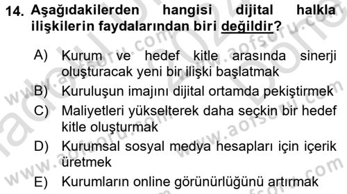 Halkla İlişkiler Kampanya Analizi Dersi 2024 - 2025 Yılı (Final) Dönem Sonu Sınav Soruları 14. Soru