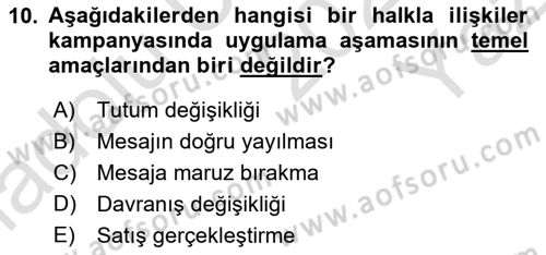 Halkla İlişkiler Kampanya Analizi Dersi 2024 - 2025 Yılı Yaz Okulu Sınav Soruları 10. Soru
