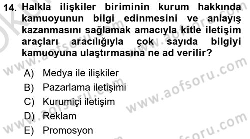 Halkla İlişkiler Kampanya Analizi Dersi 2024 - 2025 Yılı Yaz Okulu Sınav Soruları 14. Soru