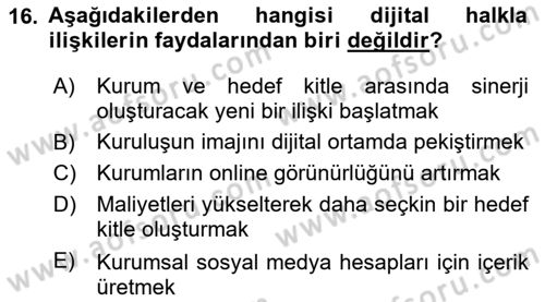 Halkla İlişkiler Kampanya Analizi Dersi 2024 - 2025 Yılı Yaz Okulu Sınav Soruları 16. Soru
