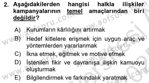 Halkla İlişkiler Kampanya Analizi Dersi 2024 - 2025 Yılı Yaz Okulu Sınav Soruları 2. Soru