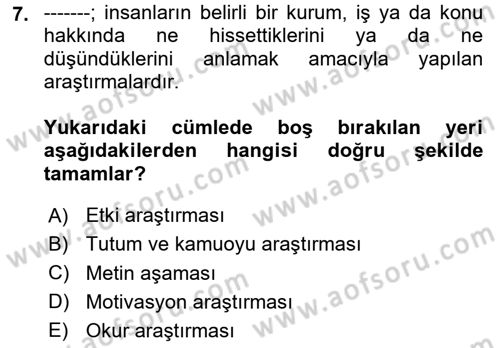 Halkla İlişkiler Kampanya Analizi Dersi 2025 - 2026 Yılı (Vize) Ara Sınav Soruları 7. Soru
