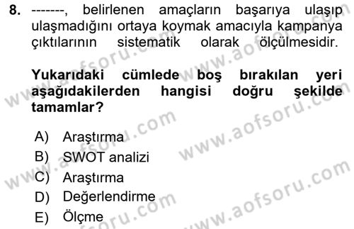 Halkla İlişkiler Kampanya Analizi Dersi 2025 - 2026 Yılı (Vize) Ara Sınav Soruları 8. Soru
