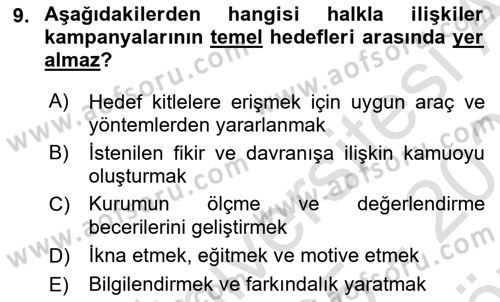 Halkla İlişkiler Kampanya Analizi Dersi 2025 - 2026 Yılı (Vize) Ara Sınav Soruları 9. Soru