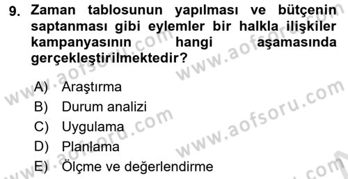 Halkla İlişkiler Kampanya Analizi Dersi 2025 - 2026 Yılı (Final) Dönem Sonu Sınav Soruları 9. Soru