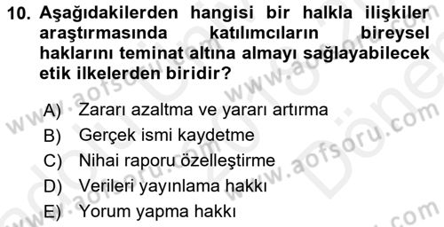 Halkla İlişkiler Araştırmaları Dersi 2018 - 2019 Yılı (Final) Dönem Sonu Sınav Soruları 10. Soru