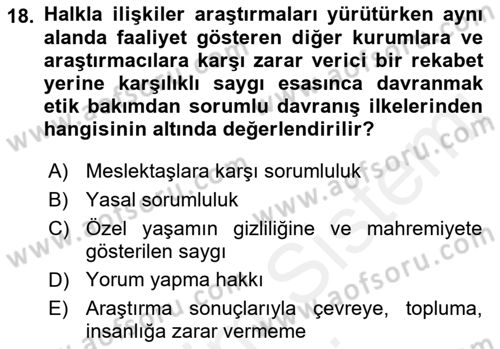 Halkla İlişkiler Araştırmaları Dersi 2018 - 2019 Yılı (Final) Dönem Sonu Sınav Soruları 18. Soru