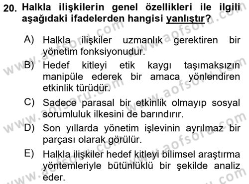 Halkla İlişkiler Araştırmaları Dersi 2018 - 2019 Yılı (Final) Dönem Sonu Sınav Soruları 20. Soru