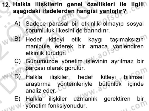 Halkla İlişkiler Araştırmaları Dersi 2021 - 2022 Yılı (Final) Dönem Sonu Sınav Soruları 12. Soru
