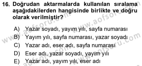 Halkla İlişkiler Araştırmaları Dersi 2021 - 2022 Yılı Yaz Okulu Sınav Soruları 16. Soru