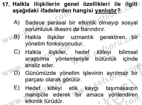 Halkla İlişkiler Araştırmaları Dersi 2021 - 2022 Yılı Yaz Okulu Sınav Soruları 17. Soru