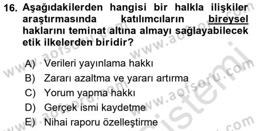 Halkla İlişkiler Araştırmaları Dersi 2022 - 2023 Yılı Yaz Okulu Sınav Soruları 16. Soru