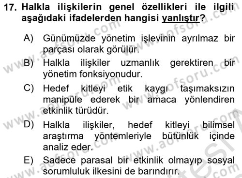 Halkla İlişkiler Araştırmaları Dersi 2023 - 2024 Yılı Yaz Okulu Sınav Soruları 17. Soru