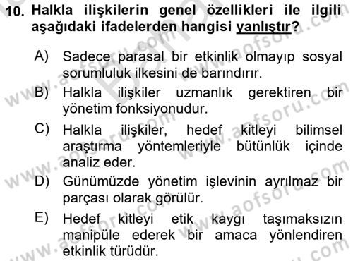 Halkla İlişkiler Araştırmaları Dersi 2024 - 2025 Yılı (Final) Dönem Sonu Sınav Soruları 10. Soru
