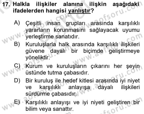 Halkla İlişkiler Araştırmaları Dersi 2025 - 2026 Yılı (Final) Dönem Sonu Sınav Soruları 17. Soru
