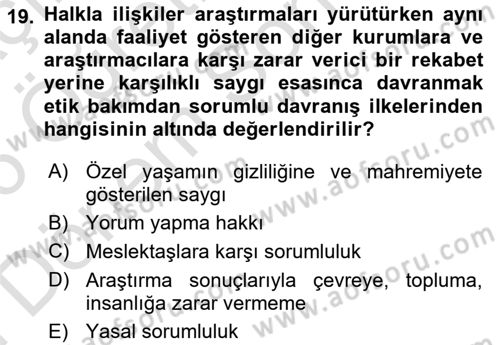 Halkla İlişkiler Araştırmaları Dersi 2025 - 2026 Yılı (Final) Dönem Sonu Sınav Soruları 19. Soru