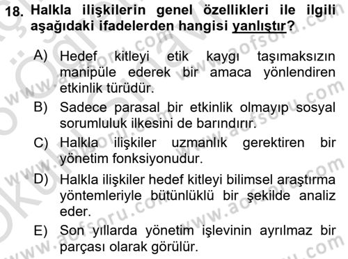 Halkla İlişkiler Araştırmaları Dersi 2025 - 2026 Yılı Yaz Okulu Sınav Soruları 18. Soru