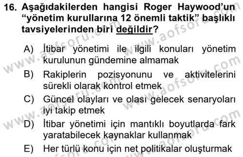 İtibar Yönetimi Dersi 2019 - 2020 Yılı (Vize) Ara Sınav Soruları 16. Soru