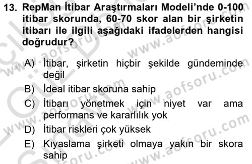 İtibar Yönetimi Dersi 2021 - 2022 Yılı (Vize) Ara Sınav Soruları 13. Soru