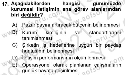 İtibar Yönetimi Dersi 2021 - 2022 Yılı Yaz Okulu Sınav Soruları 17. Soru