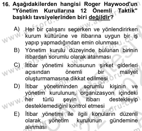 İtibar Yönetimi Dersi 2022 - 2023 Yılı (Vize) Ara Sınav Soruları 16. Soru