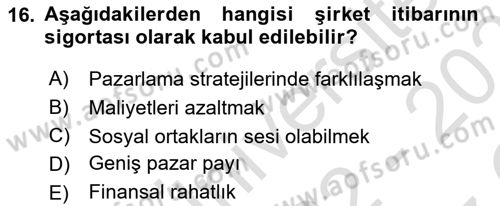 İtibar Yönetimi Dersi 2022 - 2023 Yılı Yaz Okulu Sınav Soruları 16. Soru