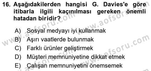 İtibar Yönetimi Dersi 2024 - 2025 Yılı (Vize) Ara Sınav Soruları 16. Soru