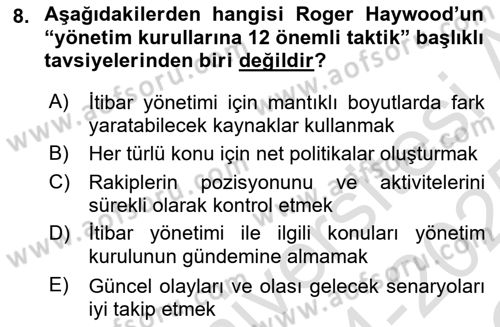İtibar Yönetimi Dersi 2024 - 2025 Yılı Yaz Okulu Sınav Soruları 8. Soru