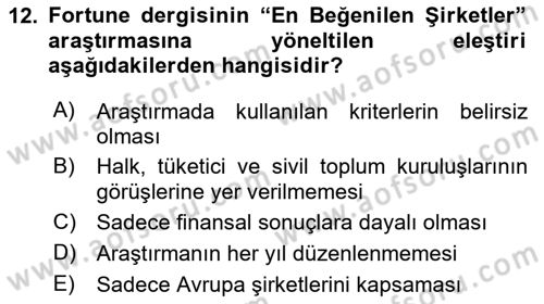 İtibar Yönetimi Dersi 2025 - 2026 Yılı (Vize) Ara Sınav Soruları 12. Soru