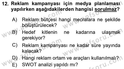 Reklam Kampanya Analizi Dersi 2018 - 2019 Yılı 3 Ders Sınav Soruları 12. Soru