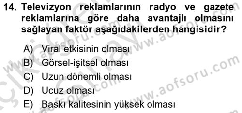 Reklam Kampanya Analizi Dersi 2018 - 2019 Yılı 3 Ders Sınav Soruları 14. Soru