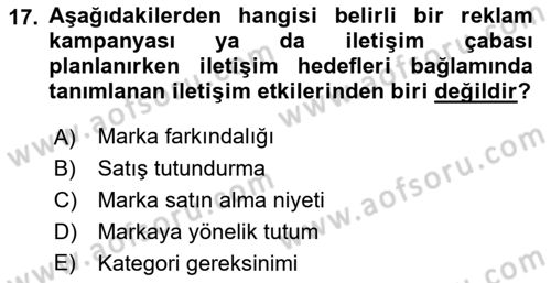 Reklam Kampanya Analizi Dersi 2018 - 2019 Yılı 3 Ders Sınav Soruları 17. Soru