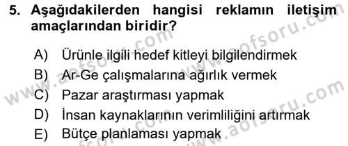 Reklam Kampanya Analizi Dersi 2018 - 2019 Yılı 3 Ders Sınav Soruları 5. Soru