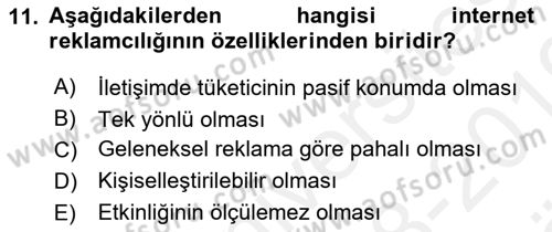 Reklam Kampanya Analizi Dersi 2018 - 2019 Yılı (Vize) Ara Sınav Soruları 11. Soru