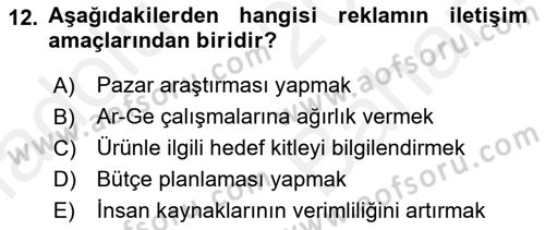 Reklam Kampanya Analizi Dersi 2018 - 2019 Yılı (Vize) Ara Sınav Soruları 12. Soru