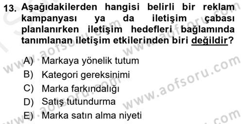 Reklam Kampanya Analizi Dersi 2018 - 2019 Yılı (Final) Dönem Sonu Sınav Soruları 13. Soru