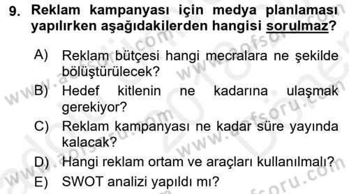 Reklam Kampanya Analizi Dersi 2018 - 2019 Yılı (Final) Dönem Sonu Sınav Soruları 9. Soru