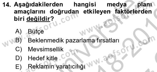 Reklam Kampanya Analizi Dersi 2018 - 2019 Yılı Yaz Okulu Sınav Soruları 14. Soru