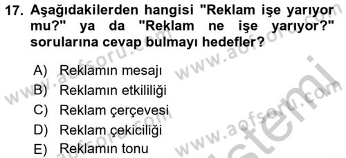 Reklam Kampanya Analizi Dersi 2018 - 2019 Yılı Yaz Okulu Sınav Soruları 17. Soru