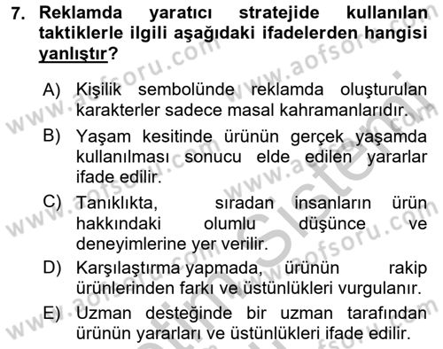 Reklam Kampanya Analizi Dersi 2018 - 2019 Yılı Yaz Okulu Sınav Soruları 7. Soru