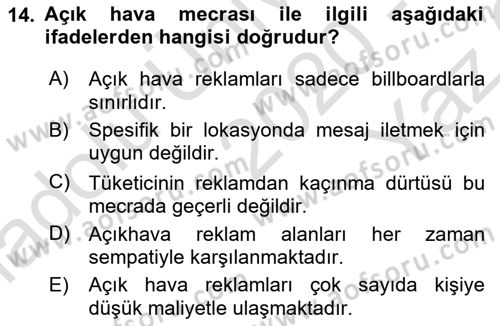 Reklam Kampanya Analizi Dersi 2020 - 2021 Yılı Yaz Okulu Sınav Soruları 14. Soru