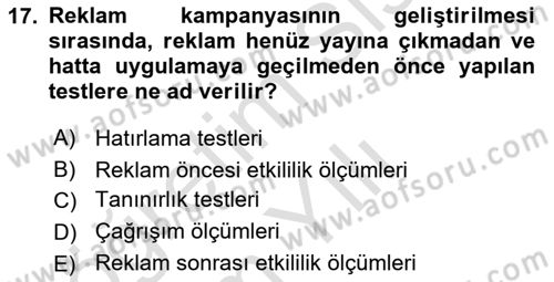Reklam Kampanya Analizi Dersi 2020 - 2021 Yılı Yaz Okulu Sınav Soruları 17. Soru