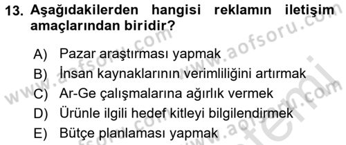 Reklam Kampanya Analizi Dersi 2021 - 2022 Yılı (Vize) Ara Sınav Soruları 13. Soru