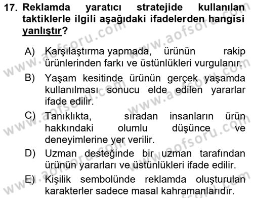 Reklam Kampanya Analizi Dersi 2021 - 2022 Yılı (Vize) Ara Sınav Soruları 17. Soru