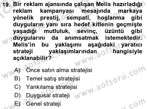 Reklam Kampanya Analizi Dersi 2021 - 2022 Yılı (Vize) Ara Sınav Soruları 19. Soru